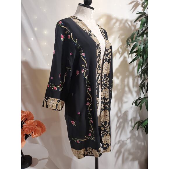 Vtg 90s Yi Lin Silk Embroidered Floral Asian 3/4 Sleeve Kimono Womens S Black - Picture 4 of 11